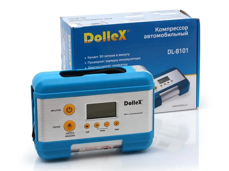 Компрессор DolleX 12V, 15 A, 7 Атм, 30 л/мин, предохр-ль, фонарь, цифровой манометр, тестер, сумка