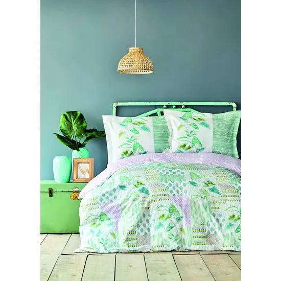 Karacahome Camelia Verde 200X220Cm Doppio Lato 100% Cotone 4 Pezzi Set Di Lino