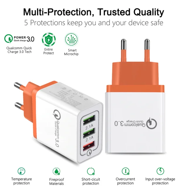 Cargador Móvil Rápido 3.0, 2.1A 5V Universal 3 USB Puertos