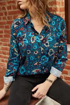 

BEYON WOMEN'S BLUE PATTERNED LONG SLEEVE SHIRT 2020 FASHION CHIC COMFORTABLE SPORTS DAILY OUTDOOR VISCOSE FABRIC USEFUL