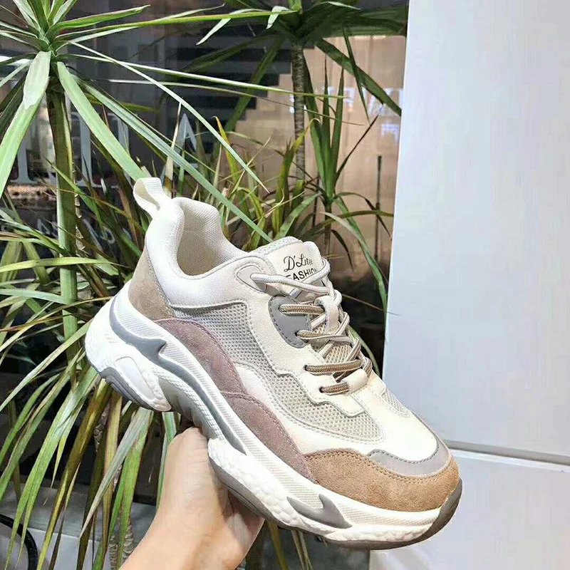 Online Zapatos de cuero para mujer, de malla, de papá, de moda, plataforma gruesa para mujer, zapatillas ligeras transpirables, zapatos casuales, costura de colores