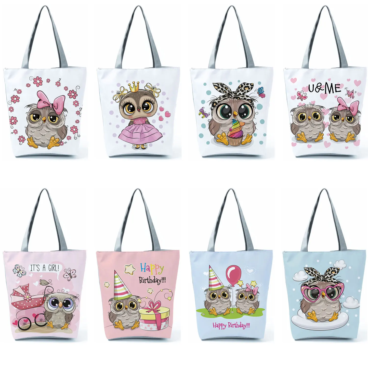 

Cute Owl Graphic Printing Shoulder Bags Big Size Handbags Portable Female Travel Bag Reusable Eco-Friendly Grocery Shopping Bag