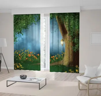 

Curtain Forest Glade with an Old Tree Lamp Fireflies Wildflowers Poppies Daisies Mist Summer Night Fantasy Green Orange