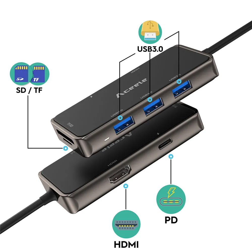 Aceele USB C концентратор многофункциональный металлический+ силиконовый концентратор для Macbook Pro Macbook Air samsung Galaxy Tab S6 - Цвет: 7 Ports