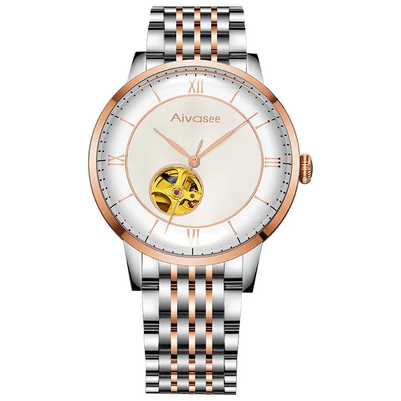 Rose gold white Пять лет гарантии Aivasee Автоматическая техника мужские часы ультра-тонкие швейцарские Move Мужские t модные деловые часы - Цвет: Rose gold white