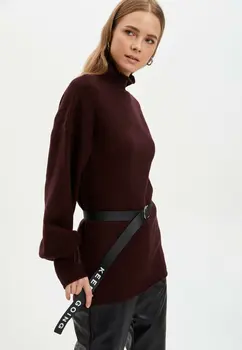 

DeFacto Women Autumn Long Sweatshirts Dark Brown Knitted Long Sleeve Elegent Hoodie Belt Decors Sweatshirts Tunic-I0134AZ18WN