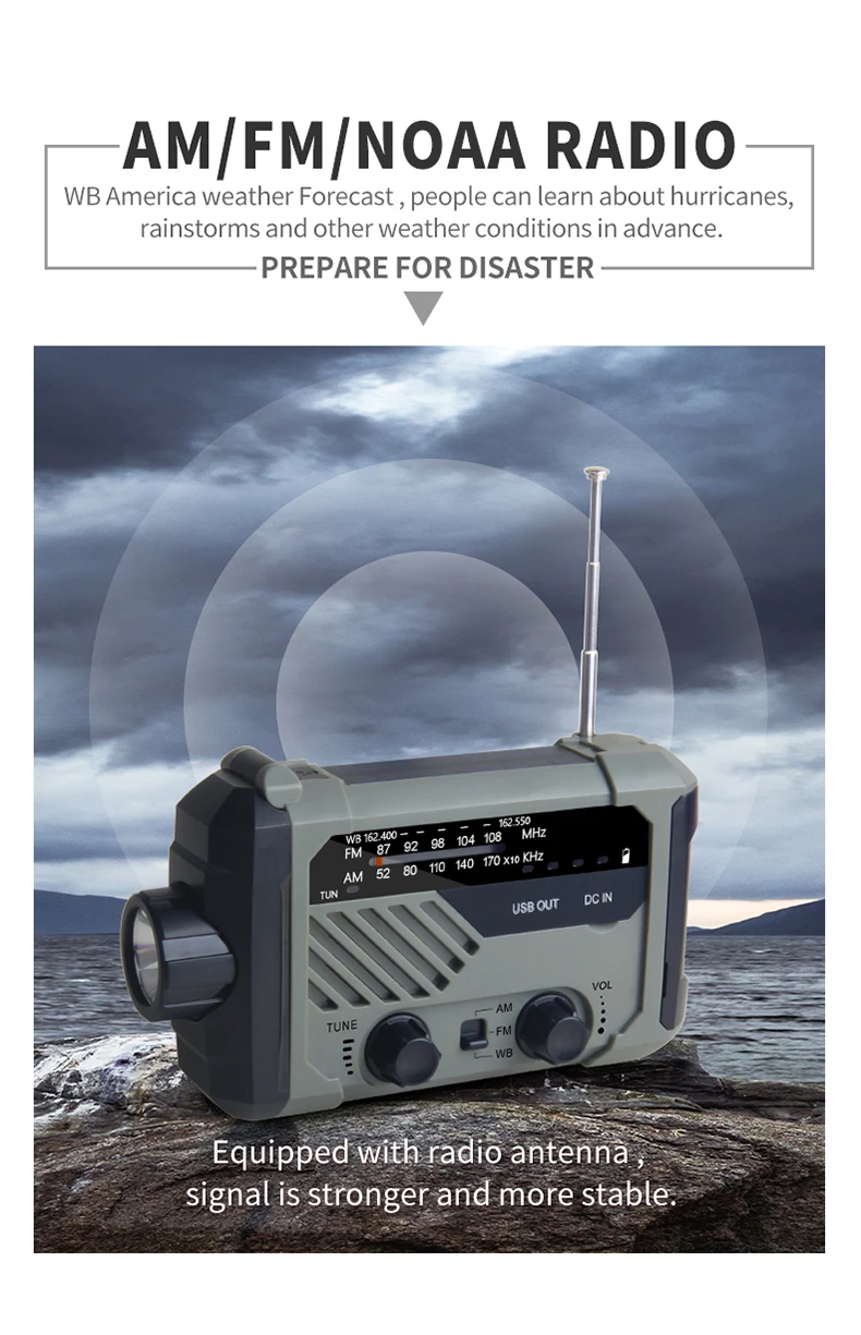 Portable Radio Hand Crank AM FM NOAA Emergency 3-in-1 Reading Lamp Flashlight Solar Charging 2000mAh Power Bank for Cell Phone