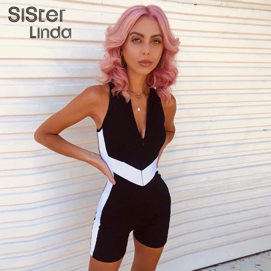 

Sisterlinda 2020 Sleeveless Zipper Slim Patchwork Playsuit Women Rompers Fashion Sexy Party Streetwear Bodycon Outfits Jumpsuits