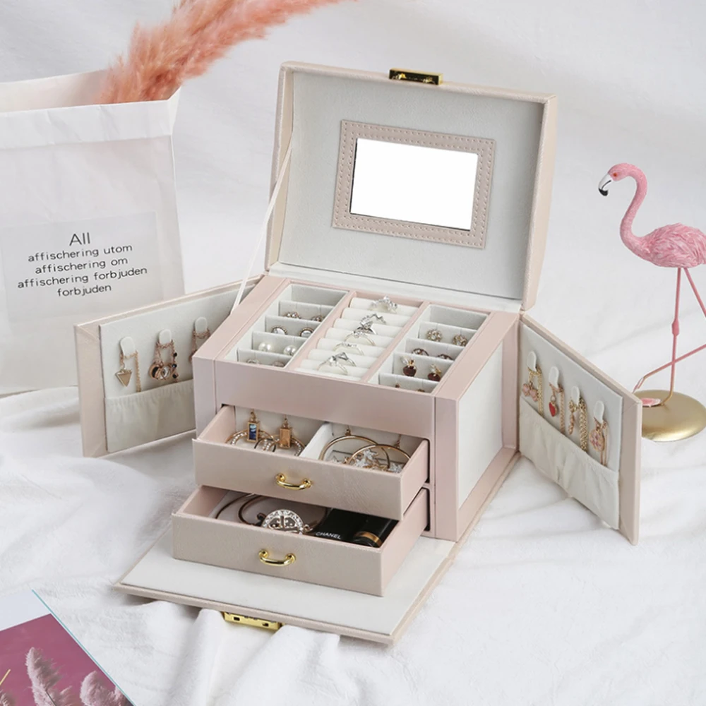Женская кожаная коробка для хранения ювелирных изделий, коробка для демонстрации ювелирных изделий, прочный светильник с зеркалом, многофункциональные аксессуары для макияжа