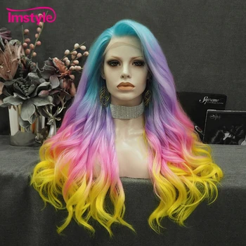 Parrucca Sintetica Colorata con Frontale in Pizzo Imstyle, Blu Rosa Viola Giallo, Parrucche per Donne, Fibra Naturale Ondulata Resistente al Calore, Parrucca Ombré