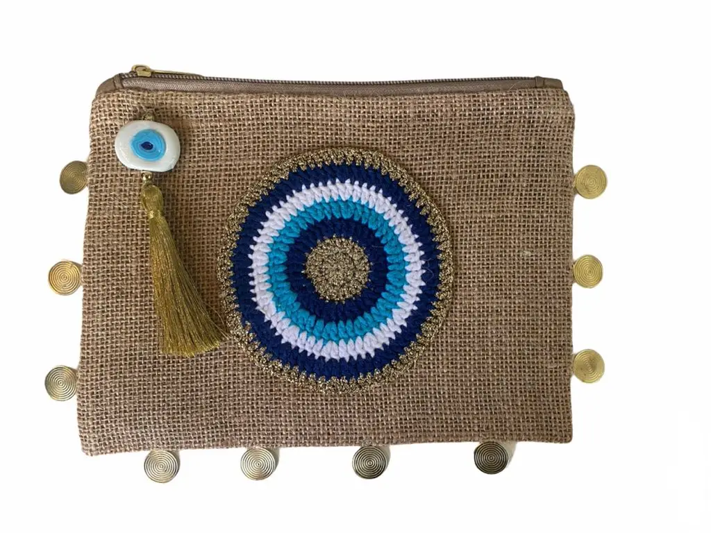 Burlap Pouch With Crocheted Evil Eye