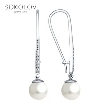 

Long drop earrings with stones SOKOLOV silver with pearls and cubic zirkonia, fashion jewelry, 925, women's male, long earrings