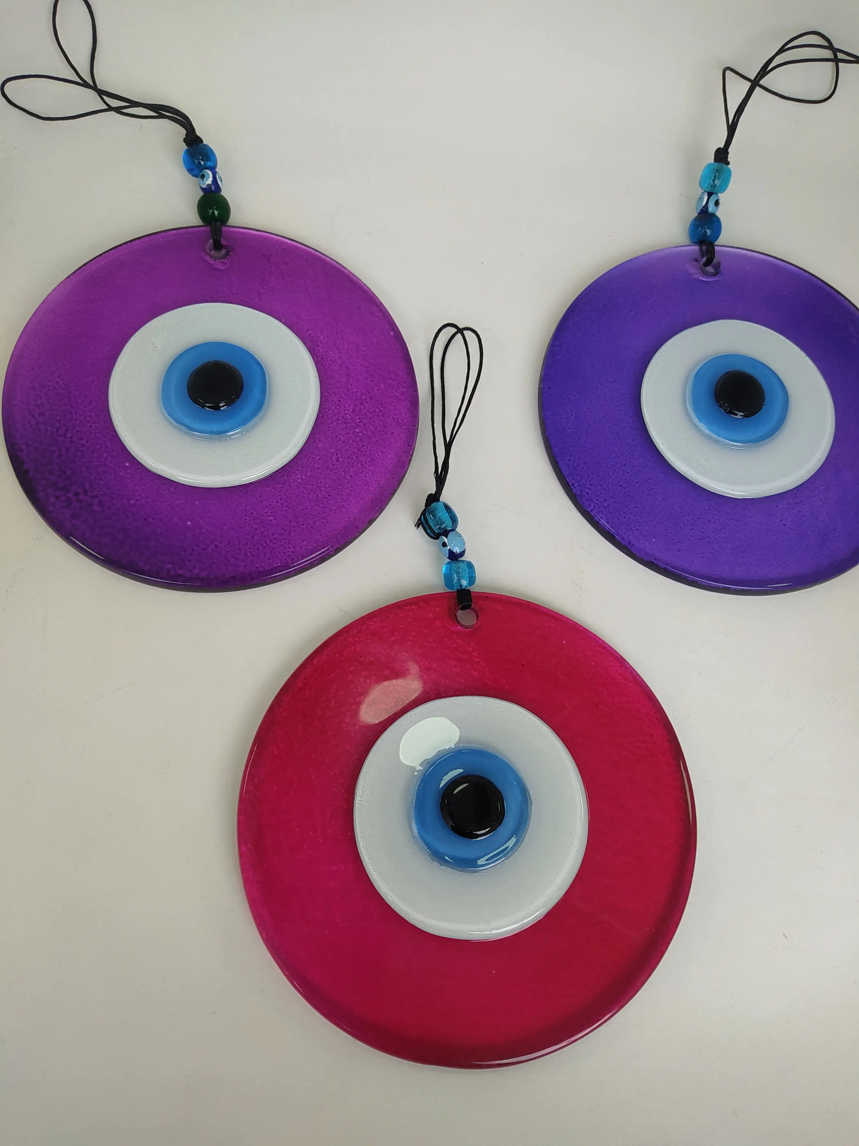 

Colorful Evil Eyes 12cm Transparent Glass Beads Set of 3 Pendant Charm Turkish Handmade Big Amulet Wall Hanging Boho Home Decor