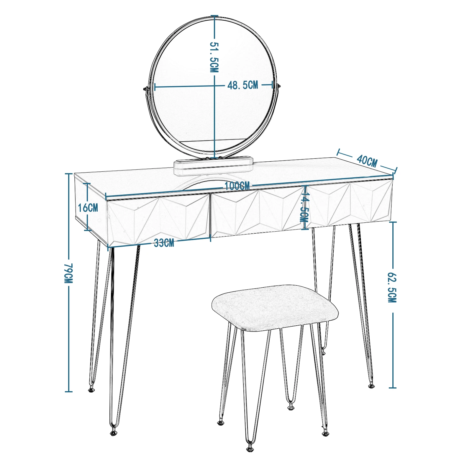 White Gold Dressing Table with 360 ° Swivel Mirror Velvet Stool Makeup Cosmetic Vanity Table with 3 Drawers 3D Effect Bedroom