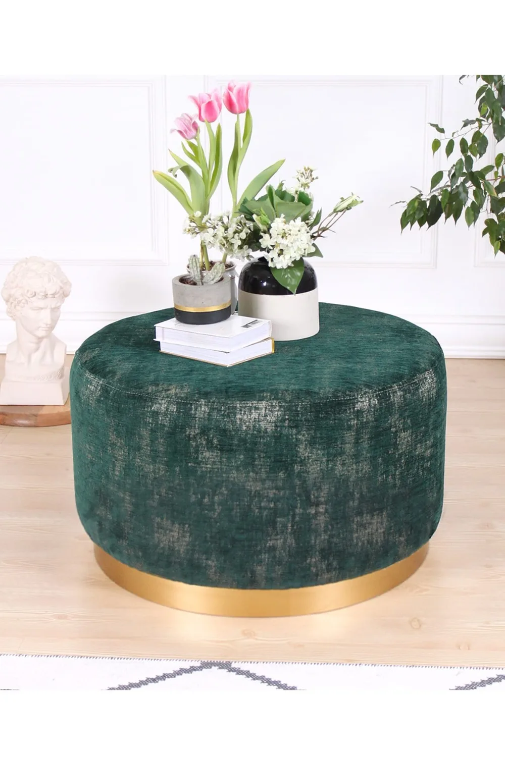 Lorence Home Nifty Pouf - Emerald Green Gold Stool Flannel Chair Solid Color Sofa Pedal Round Stools Ottoman Pouf3