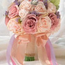 Свадебный букет цветов, ленты шампанского, шелковые цветы, свадебный букет