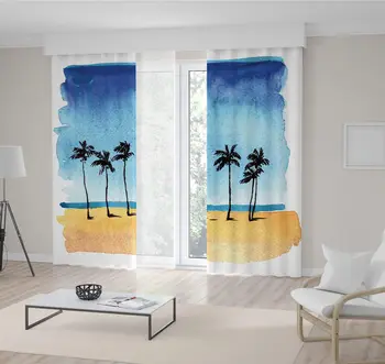 

Curtain Palm Trees Peaceful Sunny Tropical Beach Blue Sky Vintage Seascape Theme Artwork Printed