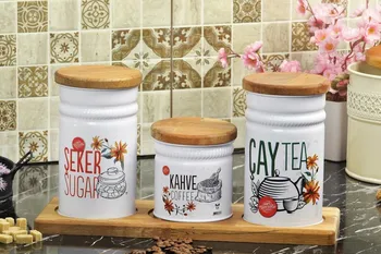 

Decorative Set of 3 Wooden Lids Metal Material Tea Sugar Coffee Storage Bucket Useful Quality Necessary for Every Home
