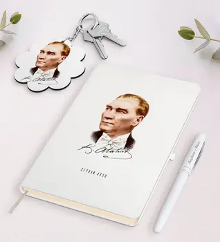 

Personalized Ataturk Themed White Notebook Pen and Keychain Gift Seti-15