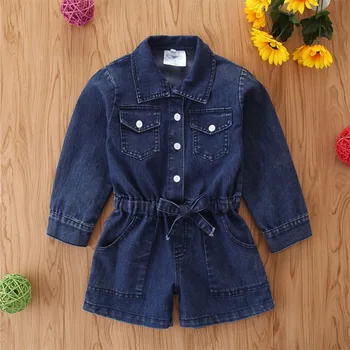 

1-5T baby girl's denim Jumpsuit long sleeve fashion single button pocket summer hot deep blue jeans for children