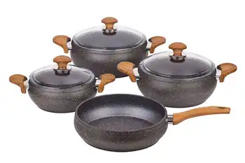 

Cookware Set 4 piece Granite Stew Pot Grey Wooden Handle Made in Turkey