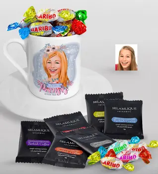 

Personalized Cotton Princess Caricature Of Turkish Coffee Cup Selamlique Mixed Turkish Coffee house And Haribo Candy Gift Seti-2