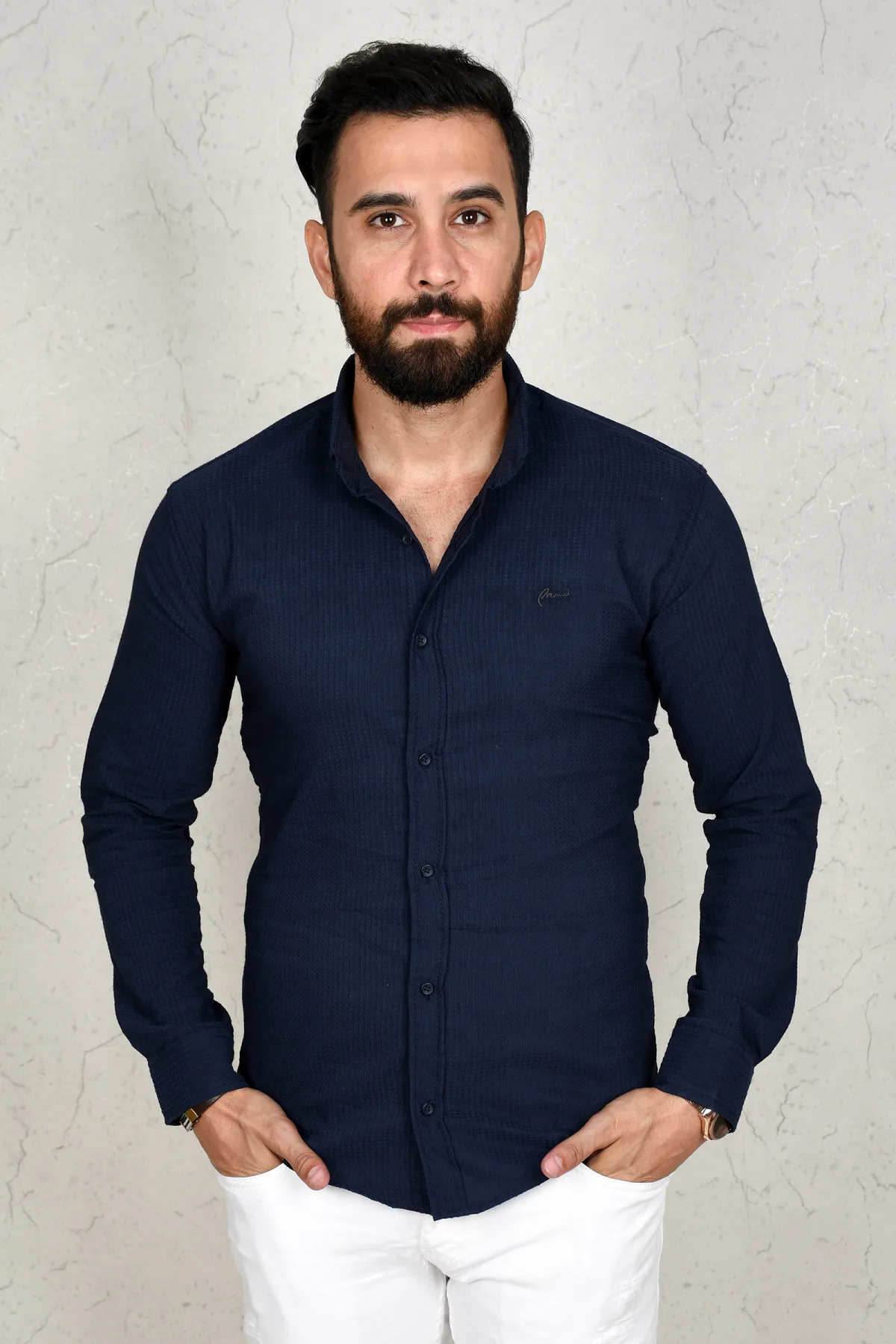 Темно синяя облегающая Мужская рубашка DeepSEA повседневные деловые вечерние