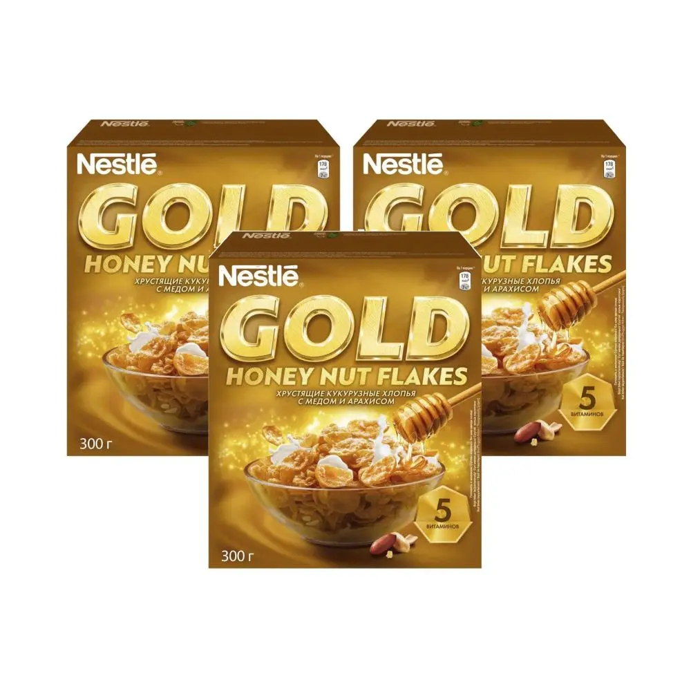 Gold Flakes кукурузные хлопья с медом и орехами 300г 3 упаковки|Готов для завтрака| |