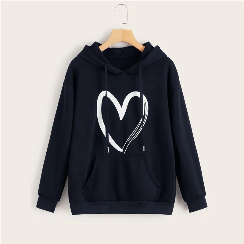 ROMWE Сердце печати кенгуру карман Drawstring женские толстовки Повседневная Толстовка с длинными рукавами Осень женская одежда Толстовка Топы