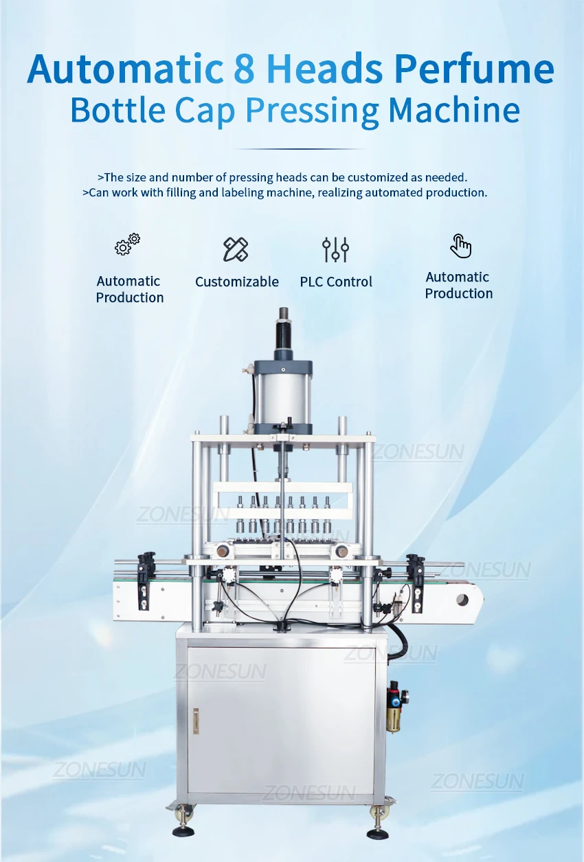 ZONESUN ZS-YG10 Máquina automática de tampar frascos de perfume de 8 cabeças com esteira