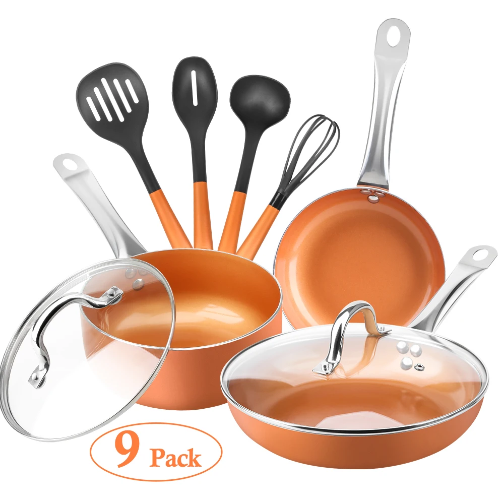 

9 Pcs Cookware Set Soup pot Copper Pots and Pan Set Induction Nonstick Chef Skillet Fry Sauce