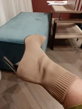 Aphixta-Botas de tacón de hoja de Metal para mujer, Botines de tacón de aguja, de tela elástica, puntiagudas