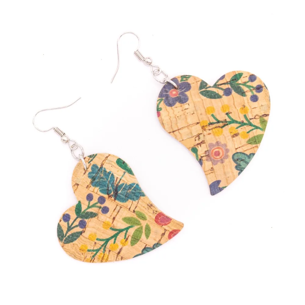 Natural cork Color printed fabric heart pendant earrings Original handmade ladies earrings-ER-110-MIX-5