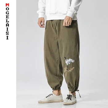 

New Spring Chinese style loose pants men cotton Embroidery Animal pattern trousers Elastic wait man casual pants 5XL A453-K089