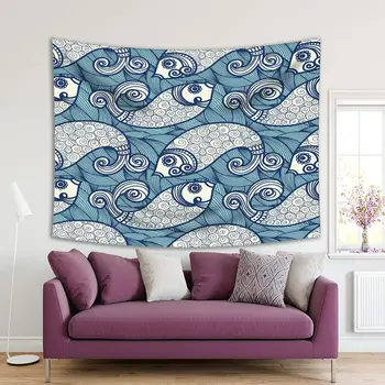 

Tapestry Fishes Swimmimg in Sea Underwater Nature Vintage Style Art Printed Blue White