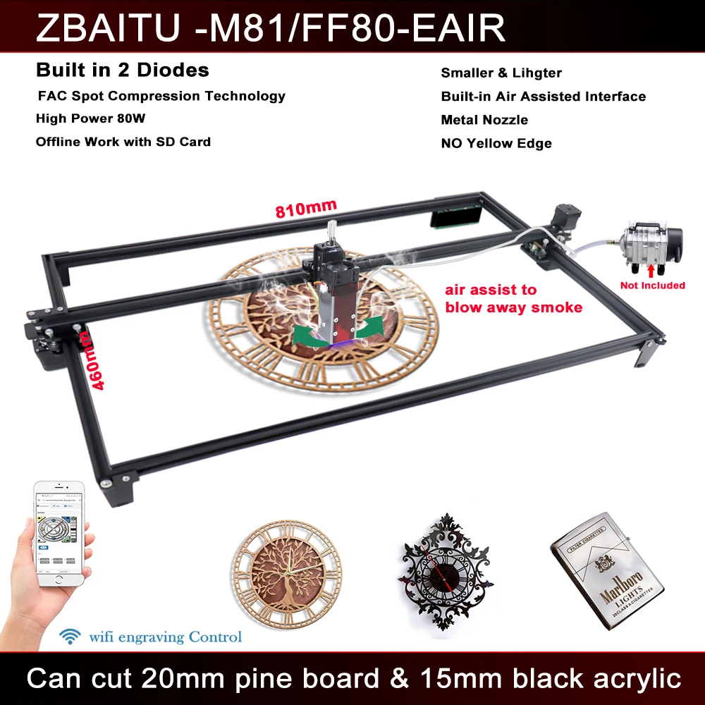 portable woodworking bench ZBAITU FF80 Laser Engraving Cutting Machine 81*46cm Large Area 32-Bit Engraver with Air Assisted Laser Head Cutting Pine woods multi boring machine for wood Woodworking Machinery