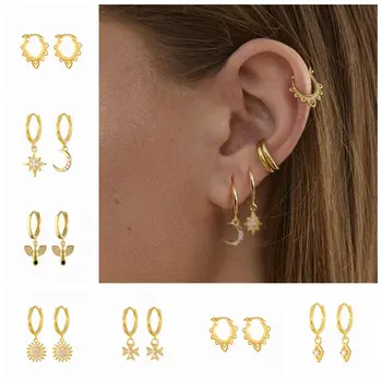 

Real 925 Sterling Sliver Zircon Circle Hoop Earrings for Women Cute Animal Sunflower Cross Dangle Earrings Drop Earring brincos