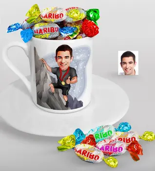 

Personalized Mr Mountaineer Caricature Of Turkish Coffee cup And Haribo Candy Gift Seti-1