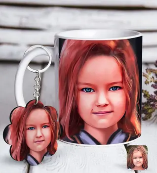 

Personalized Female Child Artistic Portrait Design White Mug and Keychain Gift Seti-5