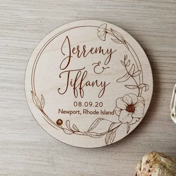 

Personalize Floral wreath Save The Date Magnet, custom wood circle magnets, Rustic wedding Invitations, bridal shower favor gift
