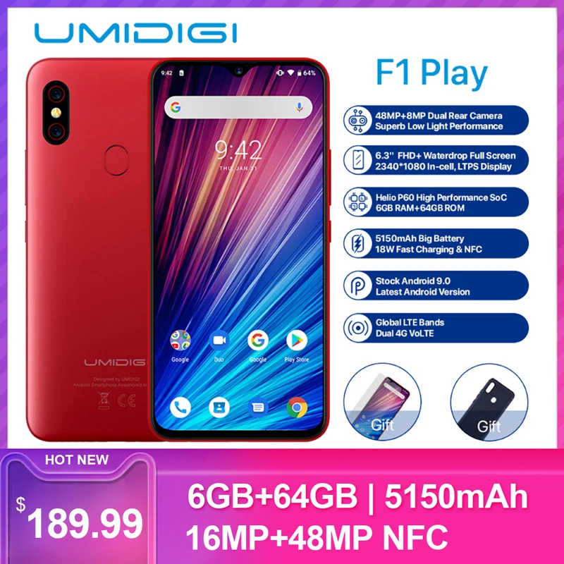 UMIDIGI F1 Play 6.3inch FHD+ 6GB+64GB 48MP Android 9.0 Helio P60 Octa Core 5150mAh 18W OTG NFC 4G Unlocked Smartphone