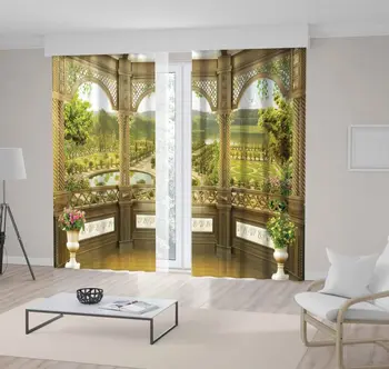 

Curtain Park Classic Garden Lakes Forest Trees Peaceful Morning View from Terrace with Arch and Flowers Green Art Print