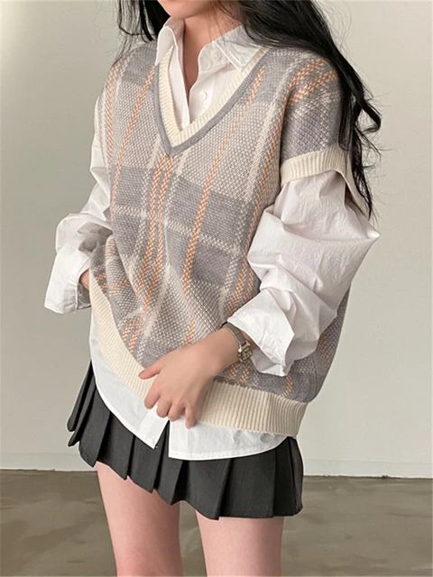 Colorfaith 2022 New Sleeveless Vest Waistcoat Checkered Oversized Winter Spring Women Sweaters Pullovers Knitwear Tops SWV18309 4