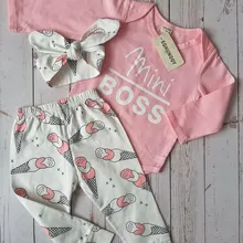 Conjunto de ropa para niñas pequeñas, Tops de manga larga con letras para recién nacidos, pantalones informales con estampado, diadema, trajes para niños pequeños