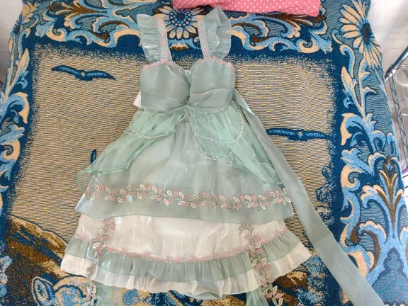 Gonne in maglione Lolita verde senza maniche in poliestere con pizzo Sweet Lolita