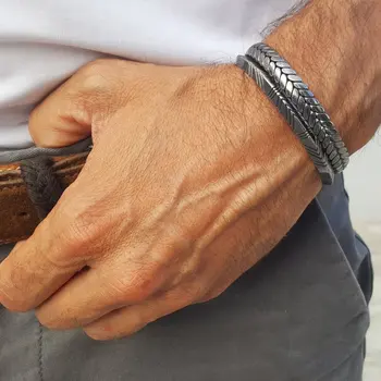 Men's Bracelet,Old Oxidized Gray Braided Cuff Bracelets,Stainless Steel Industrial Style Braslet Bangle, Vintage Jewelry