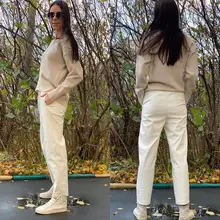 Pants Trousers Women Drawstring Female High-Waist WOTWOY Spliced Loose Autumn Straight