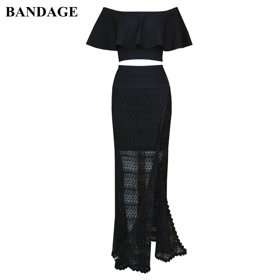 

BANDAGE New Autumn Black White 2 Pieces Set Bandage Gown Outfit Off Shoulder Ruffles Crop Top and Lace Skirt Evening Party Dress
