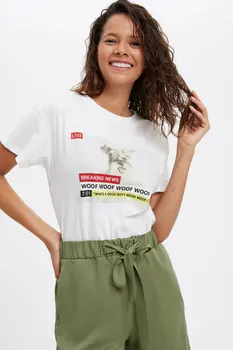 

DeFacto New Summer Woman Fashion Tee Lady Deep O-neck Casual T-Shirt Female Letter Pattern Tops Comfort - L4794AZ19SM