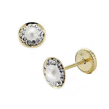 

18k gold earrings Round 6mm. Zircons Pearl fine stone screw clasp girl